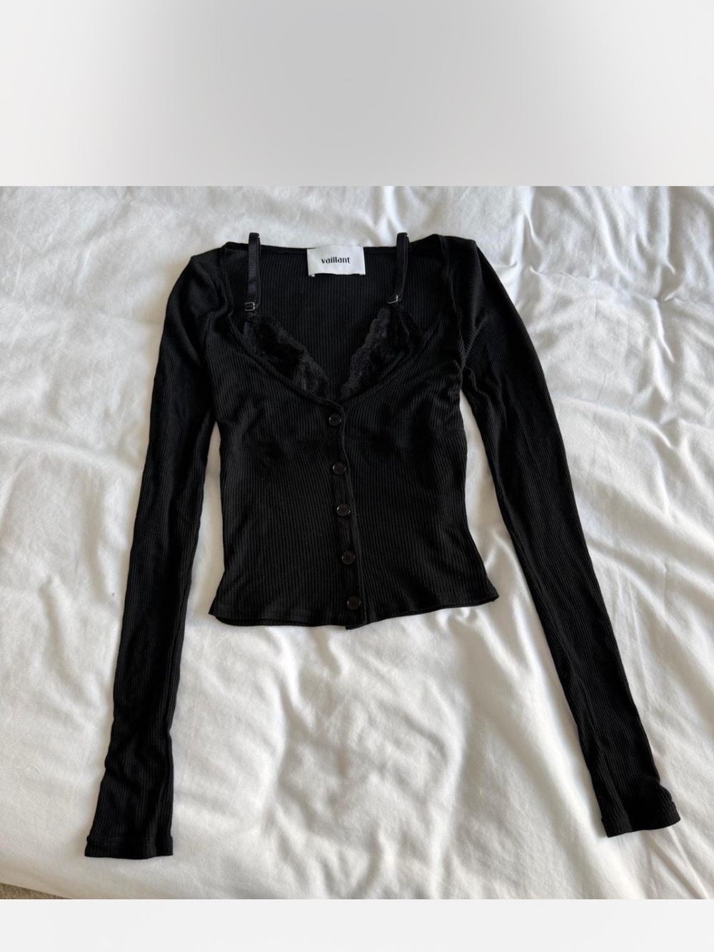 Black Ribbed Lace-Trim Button Front Top